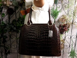 ●超美品●JRA 認定●シャイニング クロコダイル 本 ワニ 革●ハンド バッグ●ブラウン●シルバー金具●腕掛け●収納 かばん●Js56288
